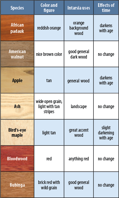 A table: species, color and figure, intarsia users, effects of time African padauk - reddish orange - orange background wood - darkens with age American walnut - nice brown color - good general dark wood - no change Apple - tan - general wood - darkens with age Ash - wide open grain, light with tan stripes - landscape - no change Bird's-eye maple - light tan - great accent wood - slight darkening with age Bloodwood - red - anything red - no change Bubinga - brick red with wild grain - good general wood - no change